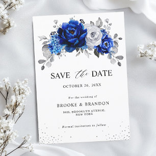 Royal Blauw Wit Metallic Zilver Bloemen Save The Date