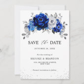 Royal Blauw Wit Metallic Zilver Bloemen Save The Date (Voorkant)