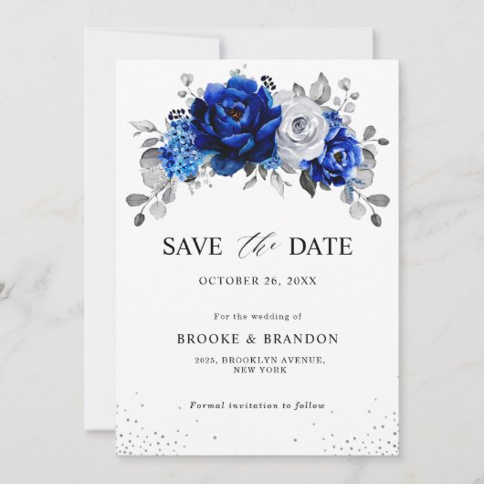 Royal Blauw Wit Metallic Zilver Bloemen Save The Date (Voorkant)