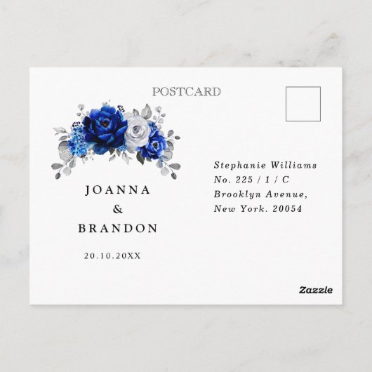 Royal Blauw Wit Zilver Bloemen Bruiloft RSVP Briefkaart (Achterkant)