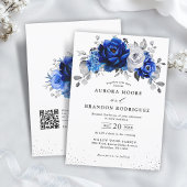 Royal Blauw Wit Zilver QR Code Bloemen Huwelijk Kaart