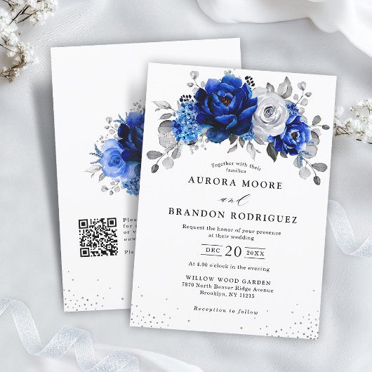 Royal Blauw Wit Zilver QR Code Bloemen Huwelijk Kaart