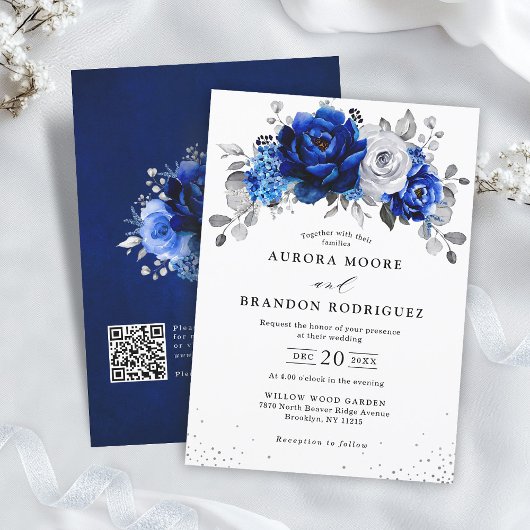 Royal Blauw Wit Zilver QR Code Bloemen Huwelijk Kaart