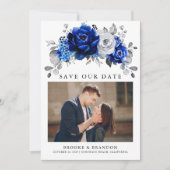 Royal Blauw Wit Zilver QR Code Bloemen Huwelijk Save The Date (Voorkant)