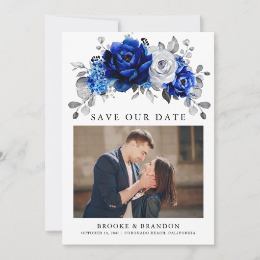 Royal Blauw Wit Zilver QR Code Bloemen Huwelijk Save The Date (Voorkant)