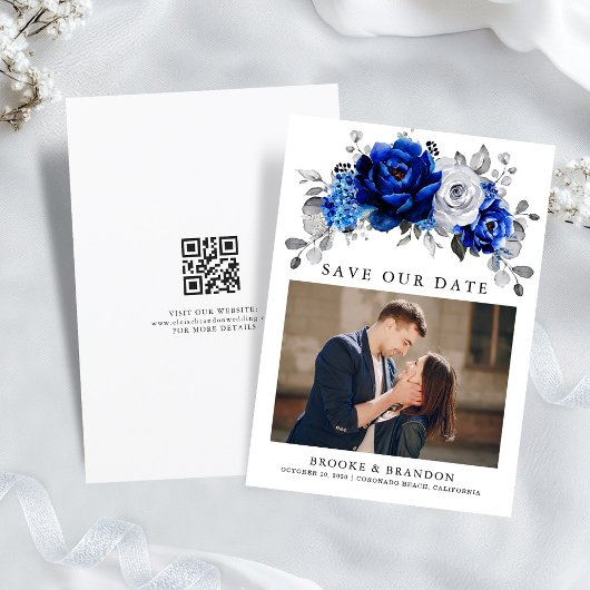 Royal Blauw Wit Zilver QR Code Bloemen Huwelijk Save The Date