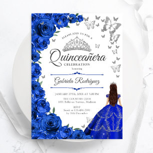Royal Blauw Zilver Bloemen Quinceanera Kaart