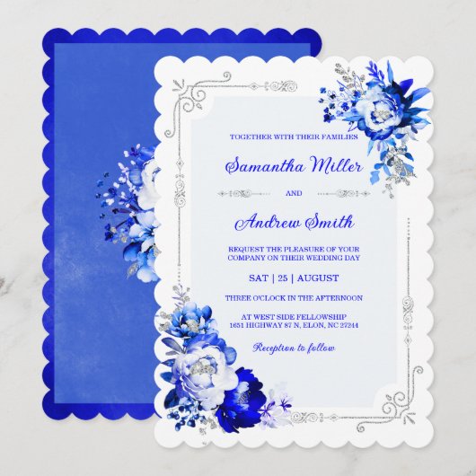 Royal Blauw Zilver en Wit Bruiloft Kleuren Kaart (Voorkant / Achterkant)