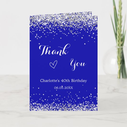 Royal blauw zilver foto verjaardag dank u kaart (Voorkant)
