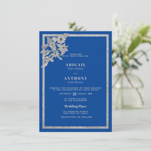 Royal Blauw Zilver Glitter Bloemen Stijlvolle Brui Kaart (Staand voorkant)