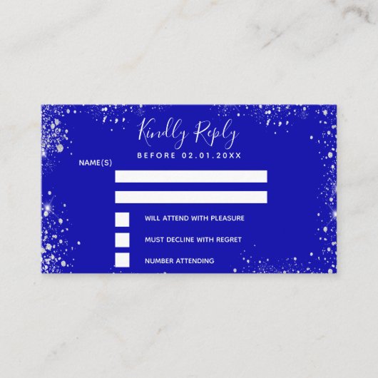 Royal blauw zilver glitter bruiloft RSVP Informatiekaartje (Voorkant)