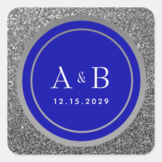 Royal Blauw Zilver Glitter Bruiloft Vierkante Sticker (Voorkant)