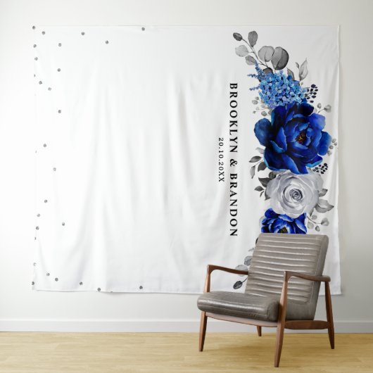 Royal Blauw zilver Metallic Bloemen Bruiloft Wandkleed (In Situ (horizontaal))