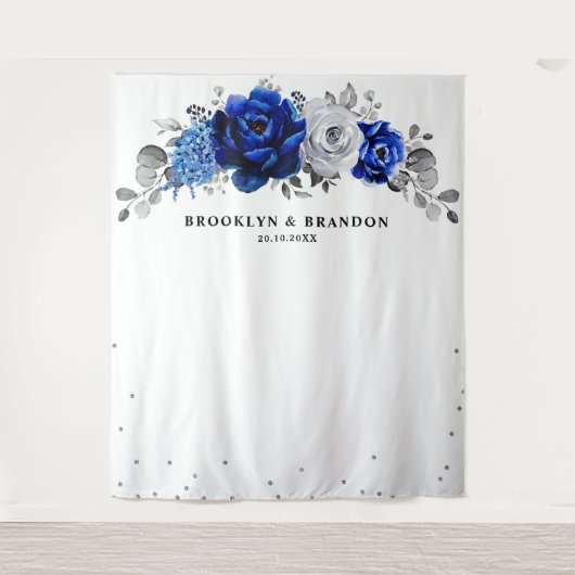 Royal Blauw zilver Metallic Bloemen Bruiloft Wandkleed (Voorkant)