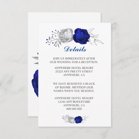 Royal blauw & zilveren bloemen wit Details Informatiekaartje (Voorkant / Achterkant)