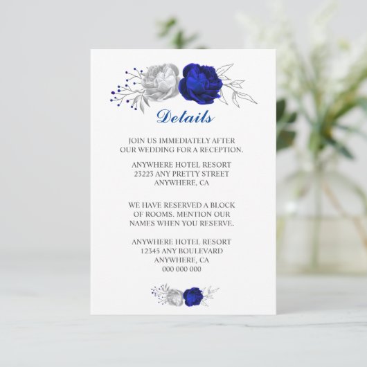 Royal blauw & zilveren bloemen wit Details Informatiekaartje (Staand voorkant)