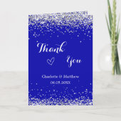 Royal blauw zilveren foto bruiloft dank u kaart (Voorkant)