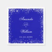 Royal blauw zilveren glitter namen hart bruiloft servet (Voorkant)