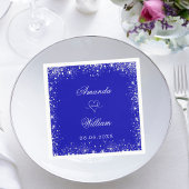 Royal blauw zilveren glitter namen hart bruiloft servet