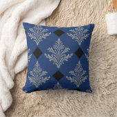 Royal Blauw, Zwart en Zilver Damask Style Kussen (Deken)