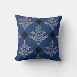 Royal Blauw, Zwart en Zilver Damask Style Kussen