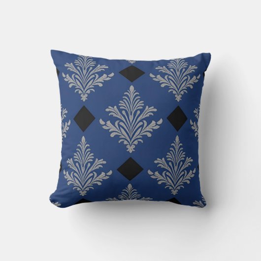 Royal Blauw, Zwart en Zilver Damask Style Kussen (Voorkant)