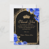 Royal Blauw Zwart Goud Glitter Floral Quinceanera Bedankkaart (Voorkant)