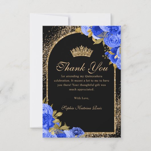 Royal Blauw Zwart Goud Glitter Floral Quinceanera Bedankkaart (Voorkant)
