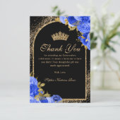 Royal Blauw Zwart Goud Glitter Floral Quinceanera Bedankkaart (Staand voorkant)