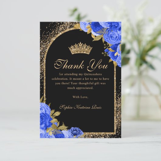 Royal Blauw Zwart Goud Glitter Floral Quinceanera Bedankkaart (Staand voorkant)