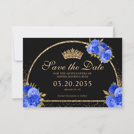 Royal Blauw Zwart Goud Glitter Floral Quinceanera Save The Date (Voorkant)
