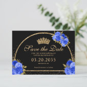 Royal Blauw Zwart Goud Glitter Floral Quinceanera Save The Date (Staand voorkant)