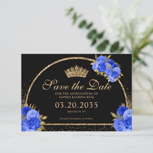 Royal Blauw Zwart Goud Glitter Floral Quinceanera Save The Date (Staand voorkant)