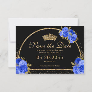 Royal Blauw Zwart Goud Glitter Floral Quinceanera Save The Date