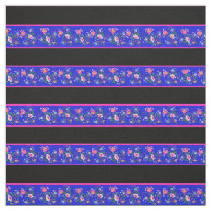 Royal blauw/zwart, roze pin streep, folk floral stof