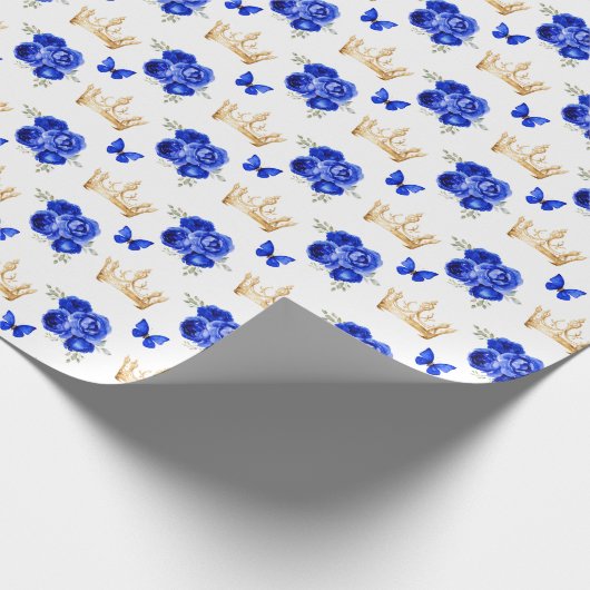 Royal Blauwe Bloemen en Gouden Kronen Cadeaupapier (Hoek)