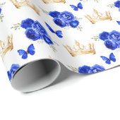 Royal Blauwe Bloemen en Gouden Kronen Cadeaupapier (Rol Hoek)