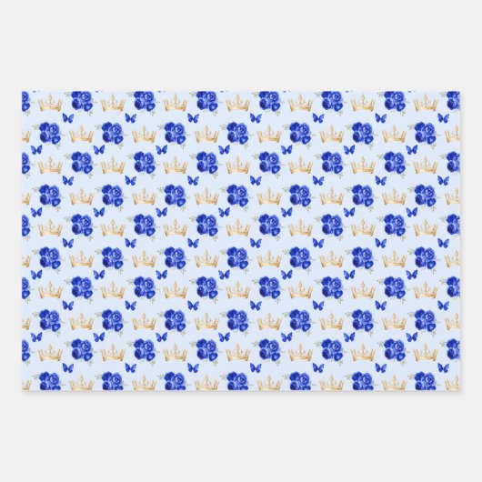 Royal Blauwe Bloemen en Gouden Kronen Inpakpapier Vel (Voorkant 3)