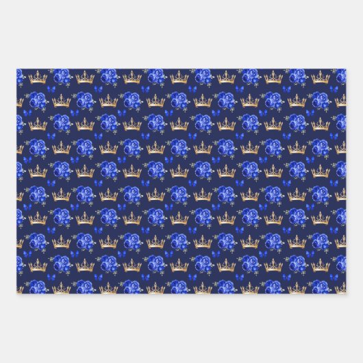 Royal Blauwe Bloemen en Gouden Kronen Inpakpapier Vel (Voorkant 2)