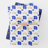 Royal Blauwe Bloemen en Gouden Kronen Inpakpapier Vel (In situ)