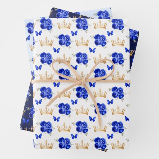 Royal Blauwe Bloemen en Gouden Kronen Inpakpapier Vel (In situ)