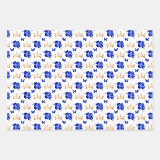 Royal Blauwe Bloemen en Gouden Kronen Inpakpapier Vel (Voorkant)