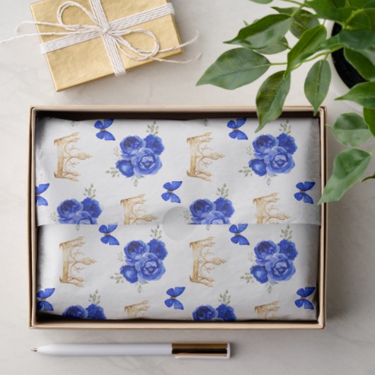 Royal Blauwe Bloemen en Gouden Kronen Tissuepapier (Geschenk)