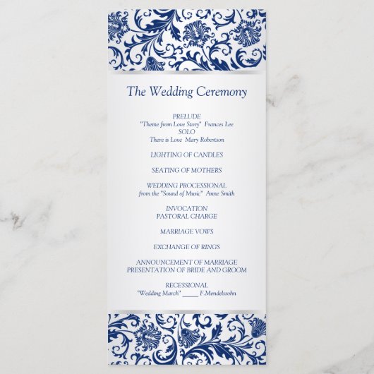 Royal blauwe bloemen wervelingen op zilver Wedding Programmakaart (Achterkant)