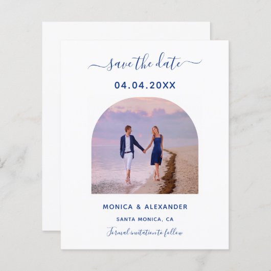 Royal blauwe foto bruiloft Save the Date kaart (Voorkant / Achterkant)