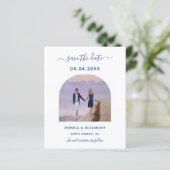 Royal blauwe foto bruiloft Save the Date kaart (Staand voorkant)