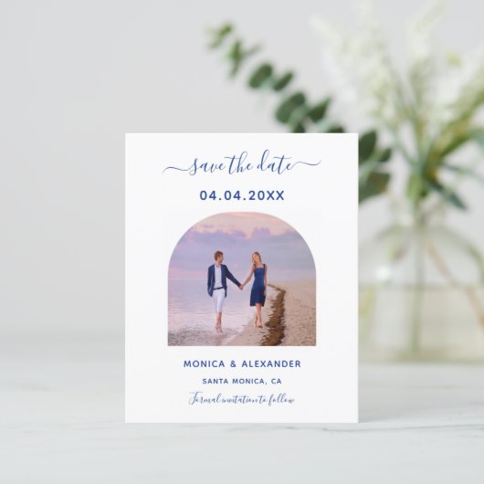 Royal blauwe foto bruiloft Save the Date kaart (Staand voorkant)