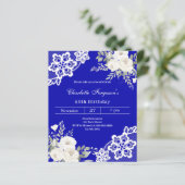 Royal blauwe witte rozen kant verjaardagsuitnodigi (Staand voorkant)