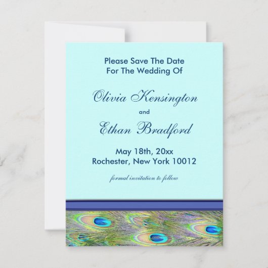 Royal Blauwgroen Blue Peacock Huwelijksuitnodiging Save The Date (Voorkant)