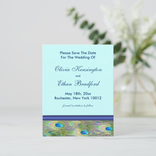 Royal Blauwgroen Blue Peacock Huwelijksuitnodiging Save The Date (Staand voorkant)